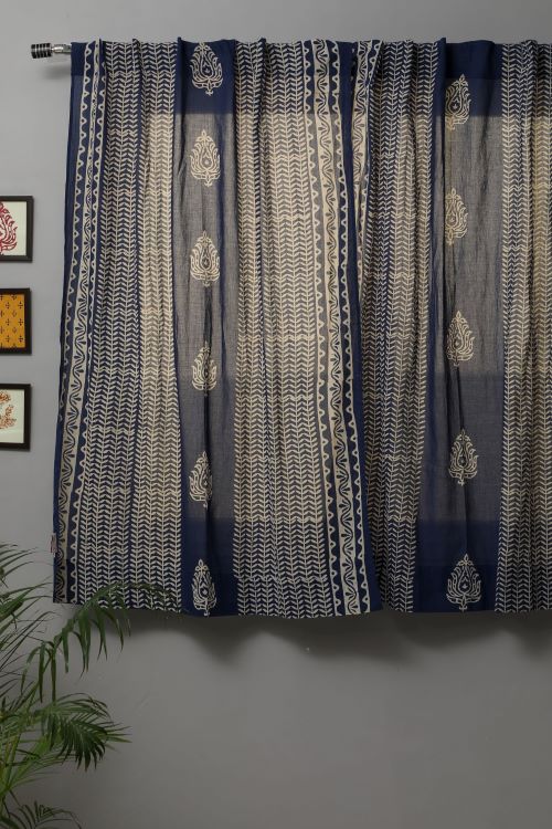 Sooti Syahi Hydrangea Hand Block Printed Window Curtain