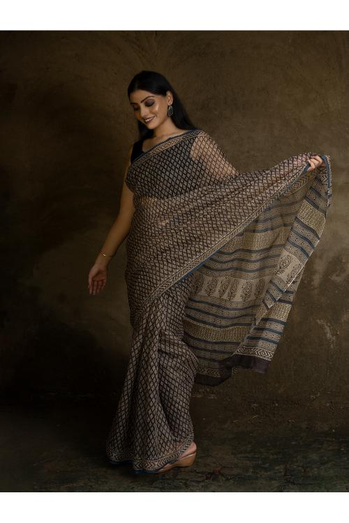 Classic Appeal. Bagru Hand Block Printed Kota Doria Saree - Black Florets