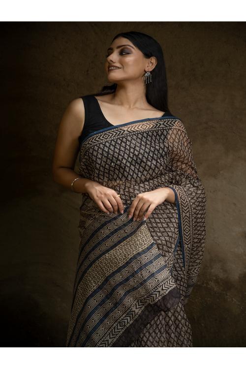 Classic Appeal. Bagru Hand Block Printed Kota Doria Saree - Black Florets