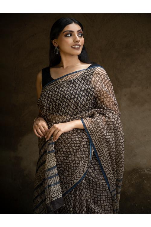 Classic Appeal. Bagru Hand Block Printed Kota Doria Saree - Black Florets