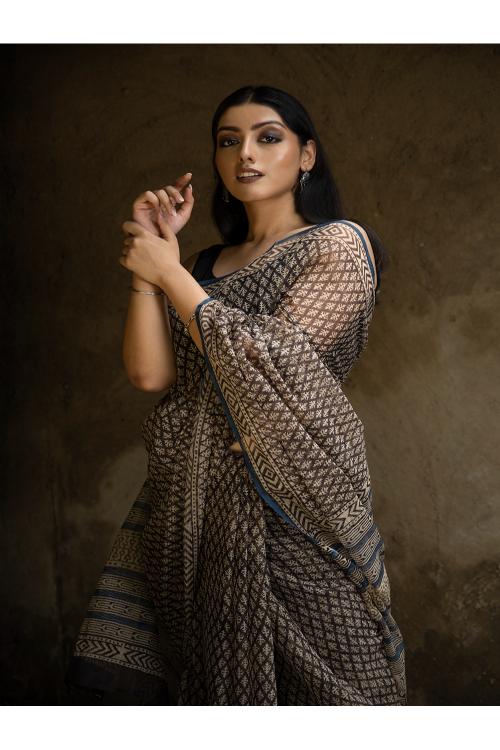 Classic Appeal. Bagru Hand Block Printed Kota Doria Saree - Black Florets