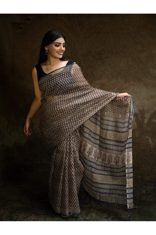 Classic Appeal. Bagru Hand Block Printed Kota Doria Saree - Black Florets