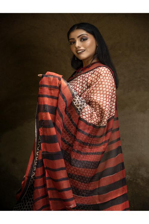 TICH Classic Appeal. Bagru Hand Block Printed Kota Doria Saree - Honeycomb