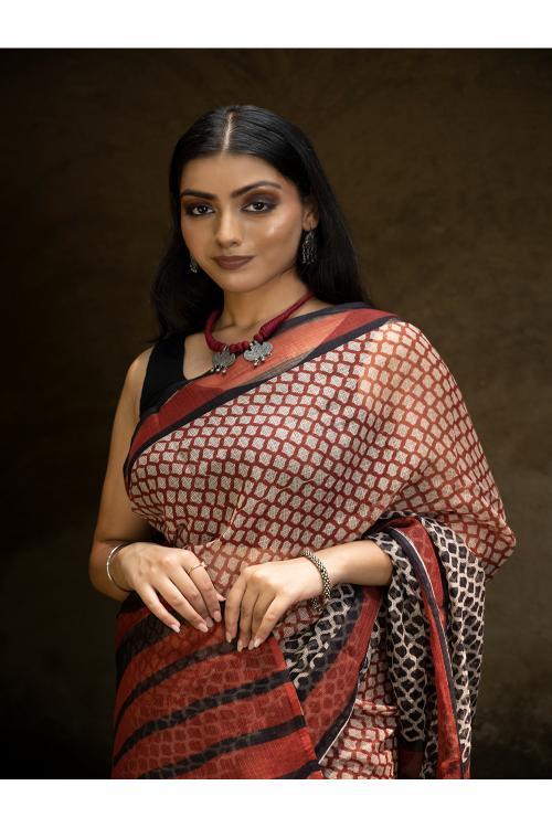 TICH Classic Appeal. Bagru Hand Block Printed Kota Doria Saree - Honeycomb