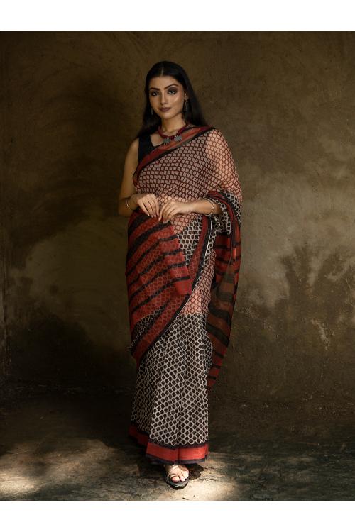 TICH Classic Appeal. Bagru Hand Block Printed Kota Doria Saree - Honeycomb