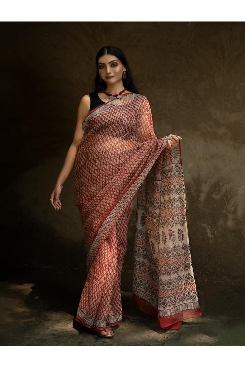 TICH Classic Appeal. Bagru Hand Block Printed Kota Doria Saree - Red Ornate