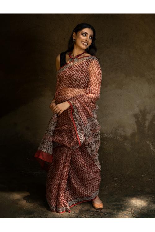 TICH Classic Appeal. Bagru Hand Block Printed Kota Doria Saree - Red Ornate