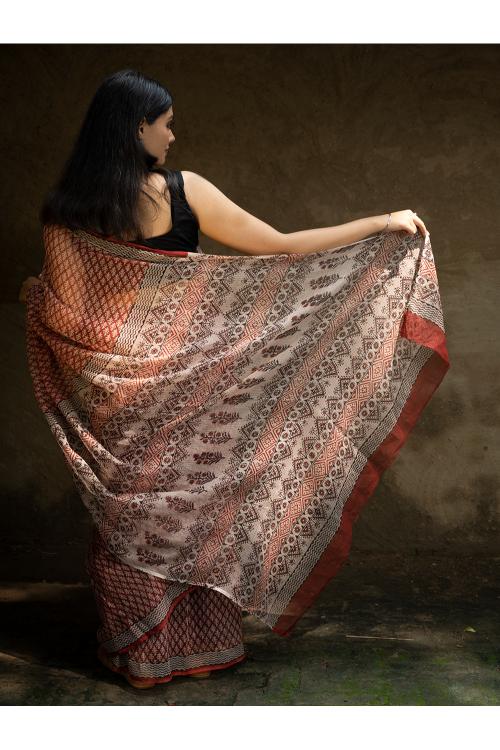 TICH Classic Appeal. Bagru Hand Block Printed Kota Doria Saree - Red Ornate