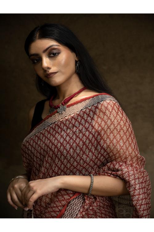 TICH Classic Appeal. Bagru Hand Block Printed Kota Doria Saree - Red Ornate