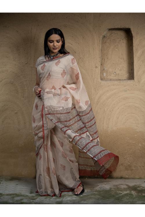 TICH Classic Appeal. Bagru Hand Block Printed Kota Doria Saree - Royal Ornate