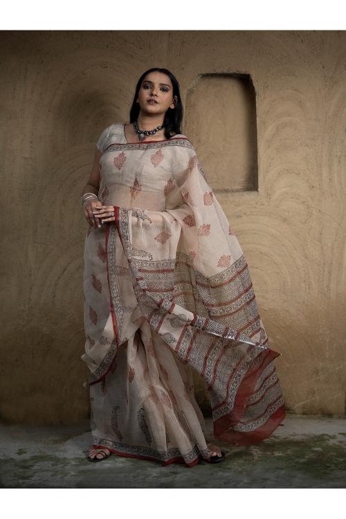 TICH Classic Appeal. Bagru Hand Block Printed Kota Doria Saree - Royal Ornate