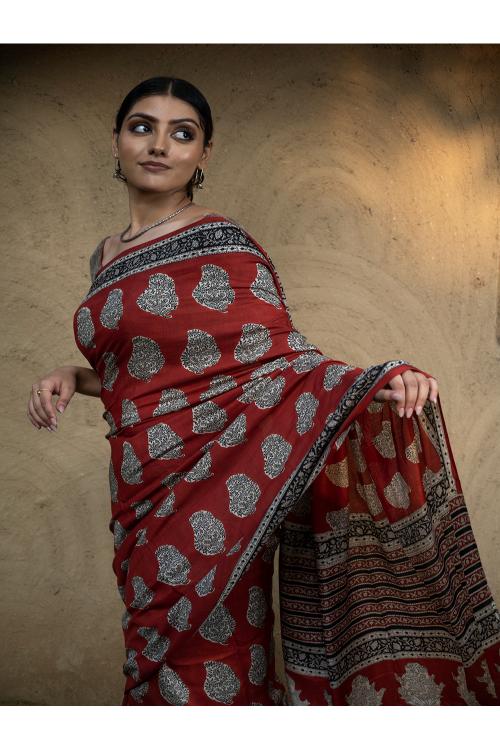 TICH Classic Appeal. Bagru Hand Block Printed Modal Silk Saree - Red Paisleys