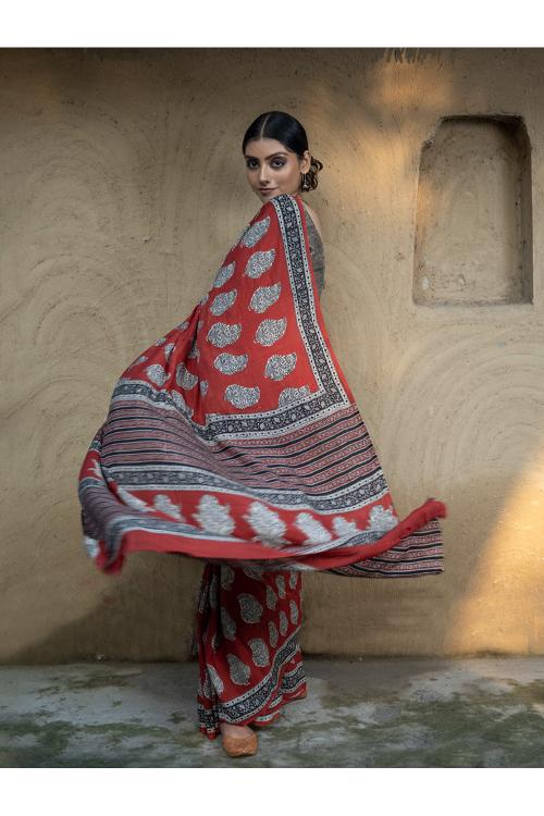 TICH Classic Appeal. Bagru Hand Block Printed Modal Silk Saree - Red Paisleys