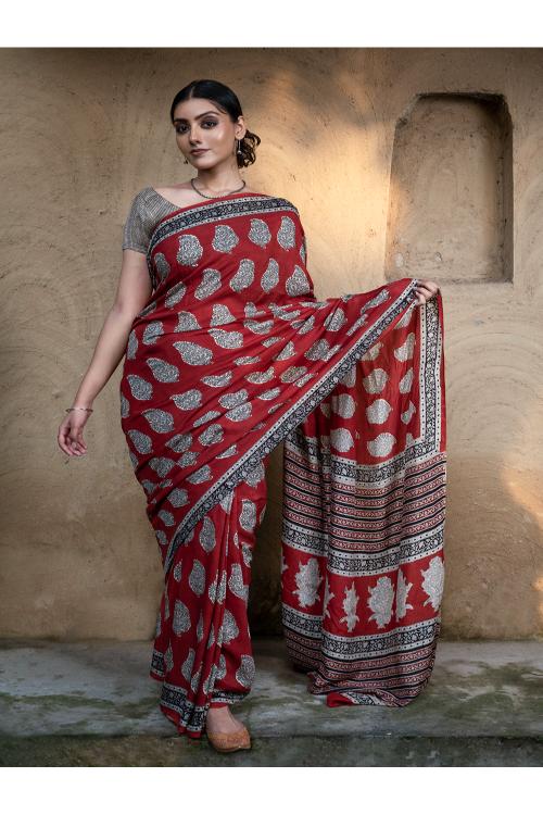 TICH Classic Appeal. Bagru Hand Block Printed Modal Silk Saree - Red Paisleys
