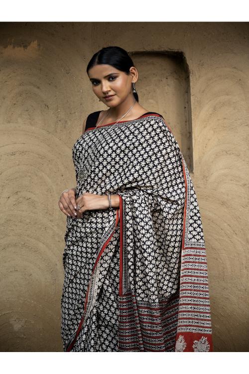TICH Classic Appeal. Bagru Hand Block Printed Mul Cotton Saree - Black Leaf