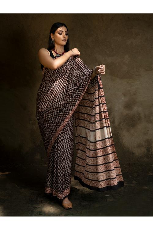 Classic Appeal. Bagru Hand Block Printed Mul Cotton Saree - Black Ornate