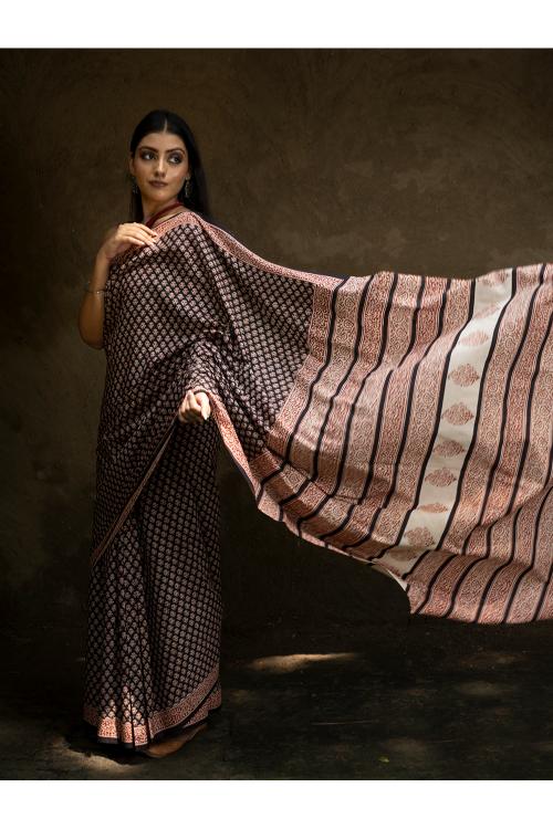 Classic Appeal. Bagru Hand Block Printed Mul Cotton Saree - Black Ornate