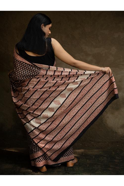 Classic Appeal. Bagru Hand Block Printed Mul Cotton Saree - Black Ornate