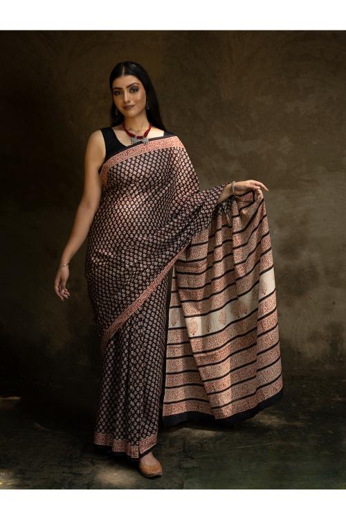 Classic Appeal. Bagru Hand Block Printed Mul Cotton Saree - Black Ornate