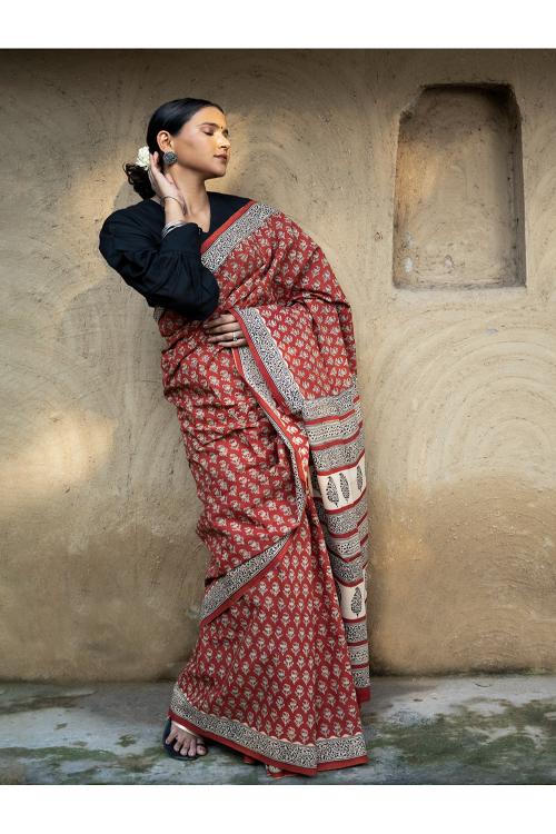 TICH Classic Appeal. Bagru Hand Block Printed Mul Cotton Saree - Vibrant Flora
