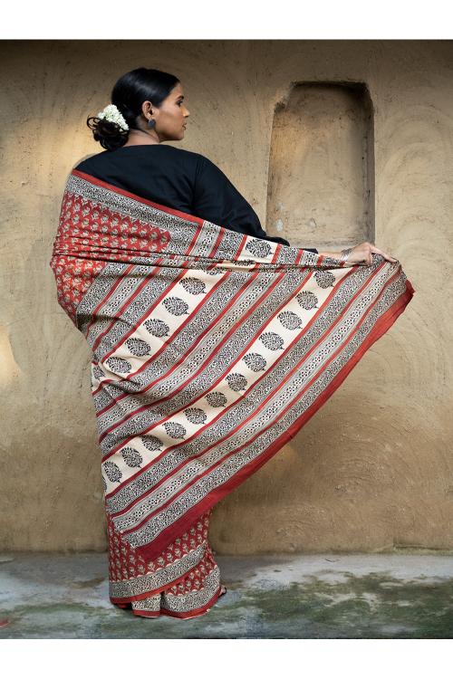 TICH Classic Appeal. Bagru Hand Block Printed Mul Cotton Saree - Vibrant Flora