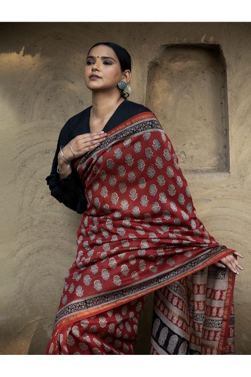 TICH Classic Appeal. Bagru Hand Block Printed Mul Cotton Saree - Vibrant Flora