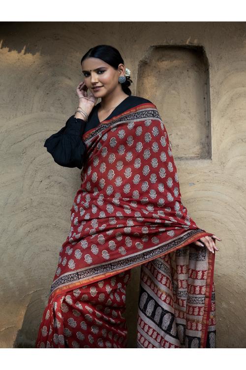 TICH Classic Appeal. Bagru Hand Block Printed Mul Cotton Saree - Vibrant Flora