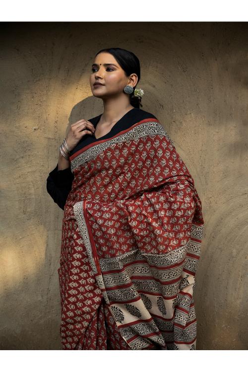 TICH Classic Appeal. Bagru Hand Block Printed Mul Cotton Saree - Vibrant Flora