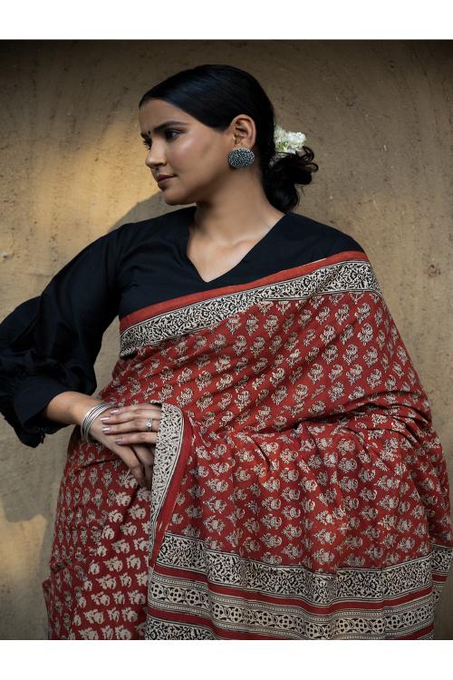 TICH Classic Appeal. Bagru Hand Block Printed Mul Cotton Saree - Vibrant Flora