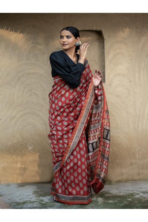 TICH Classic Appeal. Bagru Hand Block Printed Mul Cotton Saree - Vibrant Flora