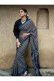 Classic Elegance. Ajrakh Hand Block Printed Cotton Mul Saree - Blue Diamond