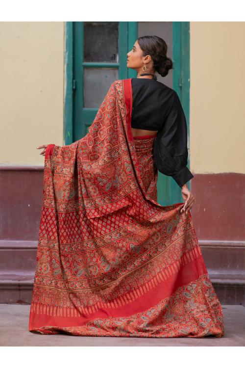 Classic Elegance. Ajrakh Hand Block Printed Cotton Mul Saree - Jewel Tones