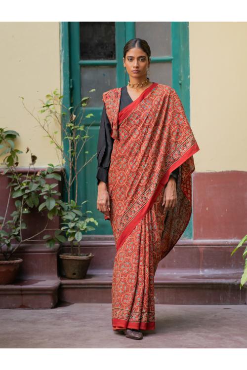 Classic Elegance. Ajrakh Hand Block Printed Cotton Mul Saree - Jewel Tones