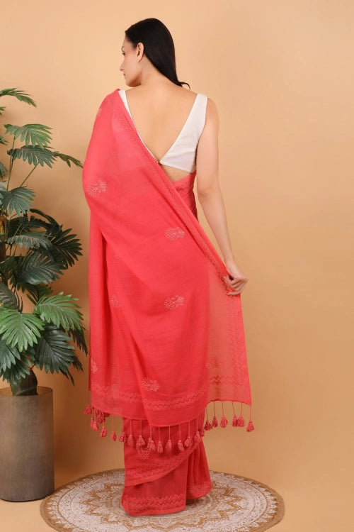 Shwet Women Coral Pink Hand Embroidered Chikankari  Mulmul Saree