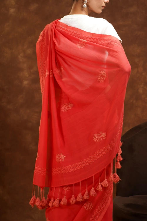 Shwet Women Coral Pink Hand Embroidered Chikankari  Mulmul Saree