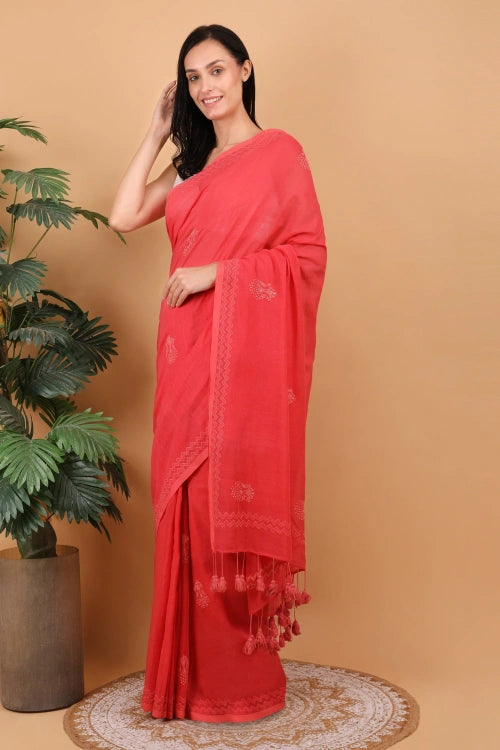 Shwet Women Coral Pink Hand Embroidered Chikankari  Mulmul Saree