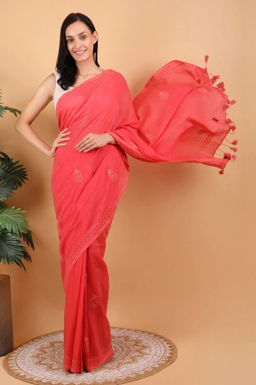 Shwet Women Coral Pink Hand Embroidered Chikankari  Mulmul Saree