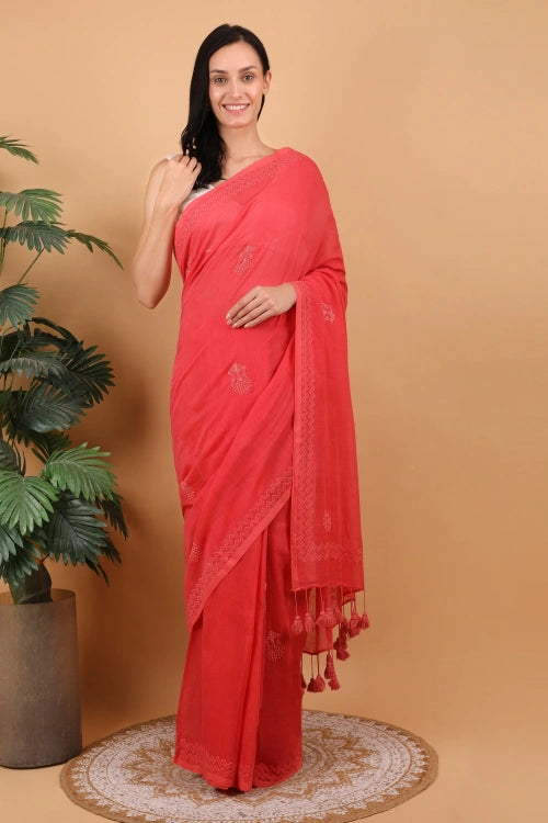 Shwet Women Coral Pink Hand Embroidered Chikankari  Mulmul Saree