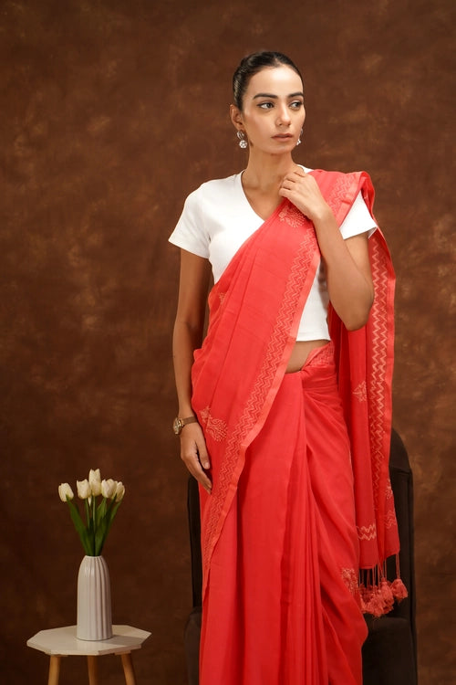 Shwet Women Coral Pink Hand Embroidered Chikankari  Mulmul Saree