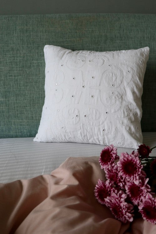 Okhai 'Home' Applique Mirror Work Pure Cotton Cushion Cover (White)