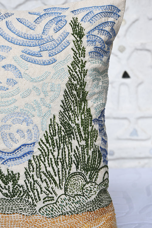 Okhai "Wheat Field" Hand-Embroidered Pure Cotton Cushion Cover