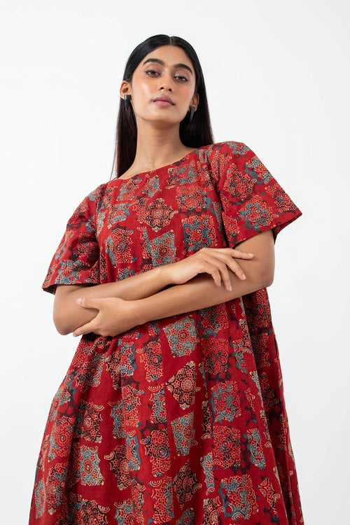 Inkriti "Zero-Waste" Block Printed Organic Cotton Dress - Atypical Red