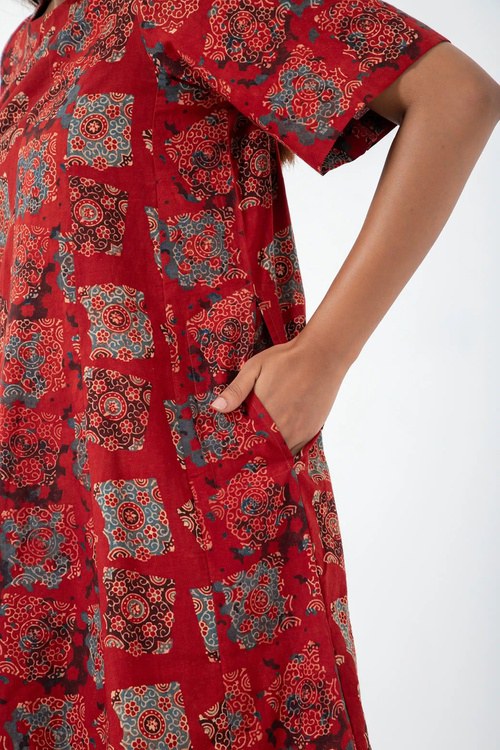 Inkriti "Zero-Waste" Block Printed Organic Cotton Dress - Atypical Red