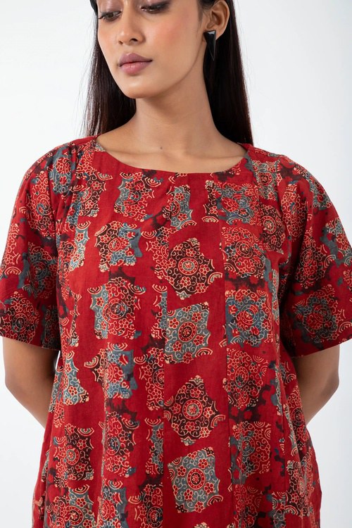 Inkriti "Zero-Waste" Block Printed Organic Cotton Dress - Atypical Red