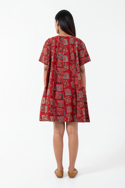 Inkriti "Zero-Waste" Block Printed Organic Cotton Dress - Atypical Red