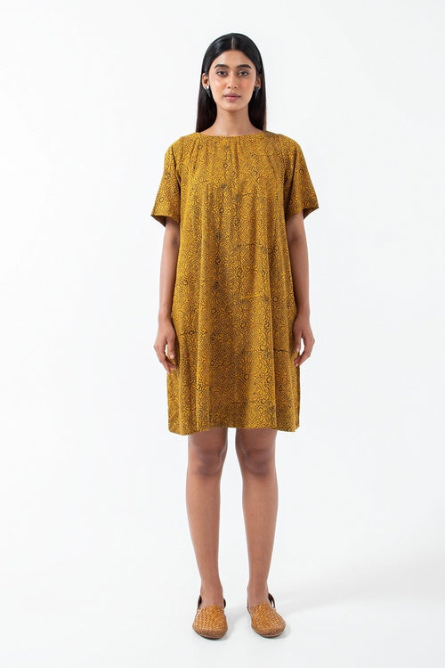 Inkriti "Zero-Waste" Block Printed Organic Cotton Dress - Ochre Silverlining