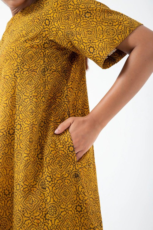 Inkriti "Zero-Waste" Block Printed Organic Cotton Dress - Ochre Silverlining