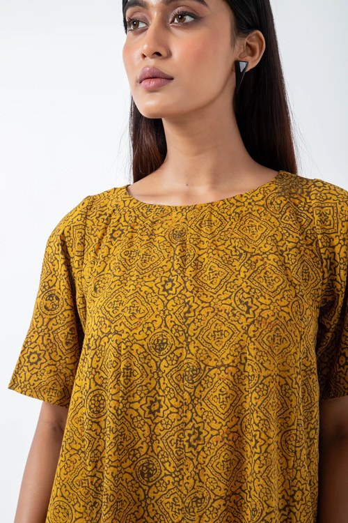 Inkriti "Zero-Waste" Block Printed Organic Cotton Dress - Ochre Silverlining