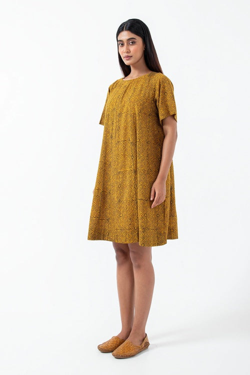 Inkriti "Zero-Waste" Block Printed Organic Cotton Dress - Ochre Silverlining