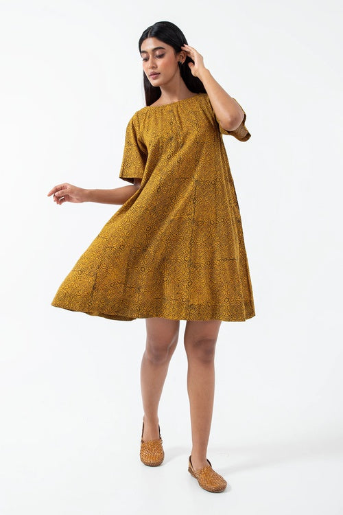 Inkriti "Zero-Waste" Block Printed Organic Cotton Dress - Ochre Silverlining